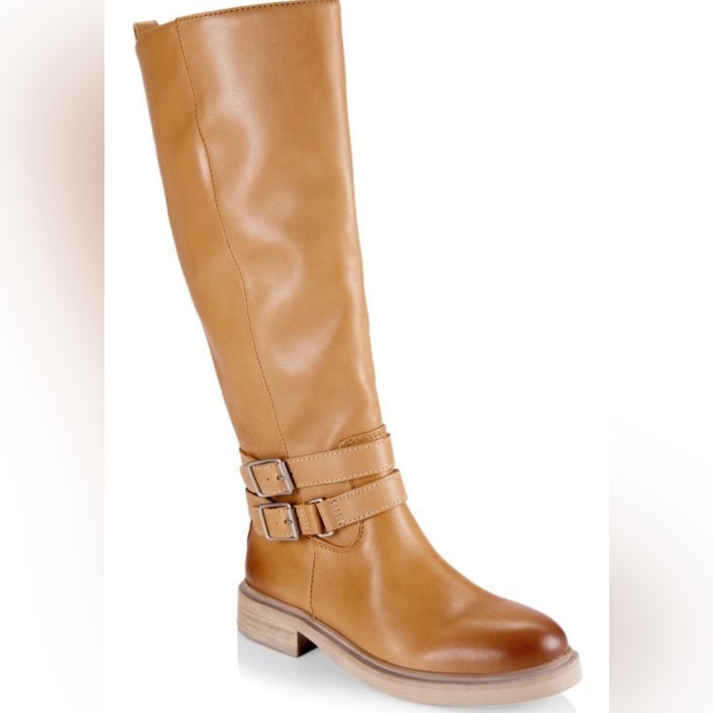 Sam Edelman Freda Tall Leather Riding Boots Tan Size 8.5 Moto Biker Buckles NEW - Picture 3 of 16